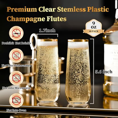 Guanqiao 48 Pack Stemless Plastic Champagne Flutes, 9 oz Clear Disposable Plastic Glasses, Heavy Duty Shatterproof Recyclable Mimosa Glasses for Party Wine Tasting Wedding New Years Eve Party Supplies - color: Clear, size: 48-pack