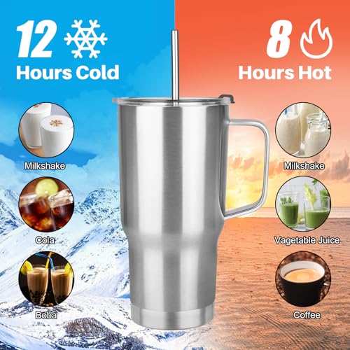 20 oz Tumbler with Handle, Stainless Steel Insulated Tumbler with Lid and Straw, Double Wall Vacuum Coffee Mug Tumbler, Insulated Coffee Thermal Cup for Cold and Hot (Silver) - color: Silver, size: 20 Ounces