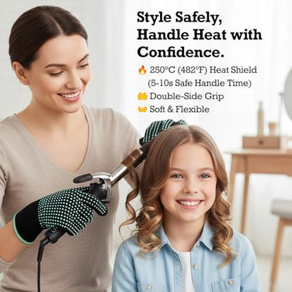 Hair Styling Heat Resistant Gloves for Women, 1 Pair | 482°F Max double-sided silicone dots mitts with elastic cuff for curling, flat irons, hair wavers, baking ovens & DIY.
