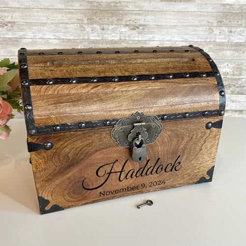 Personalized Treasure Chest with Card Slot, Antique Lock & Skeleton Keys (Medium 11x8x8) – Pirate Decor, Wooden Keepsake Box, Decorative Wooden Box for Weddings & Anniversaries - size: Medium 11x8x8