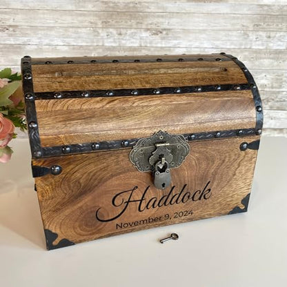 Personalized Treasure Chest with Card Slot, Antique Lock & Skeleton Keys (Medium 11x8x8) – Pirate Decor, Wooden Keepsake Box, Decorative Wooden Box for Weddings & Anniversaries - size: Medium 11x8x8