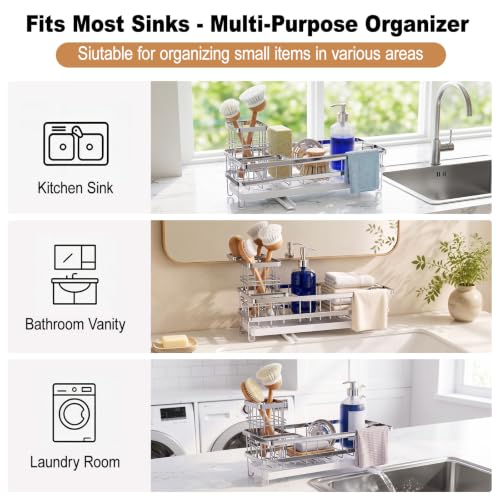 Sponge Holder for Kitchen Sink, Self-draining Sink Caddy with Towel Rack and Brush Holder, Metal Kitchen Countertop Organizers and Storage Essentials, Silver - color: Silver