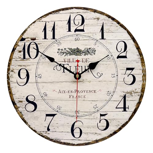 14in French Country Wooden Wall Clock Silent Large Farmhouse Home Decor | Retro Vintage Round Battery Operated Non-Ticking Decorative Clock for Kitchen Bedroom Wall - color: French Country, size: 14 inch