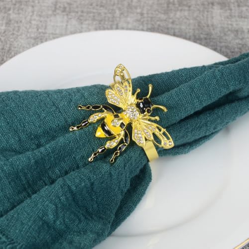 Bee Napkin Rings Set of 6, Gold Bee Napkin Holders with Rhinestones | Serviette Buckles Metal Holder for Cloth Napkins, Party Table Decor Banquet Wedding Birthday Thanksgiving Holiday Daily Use