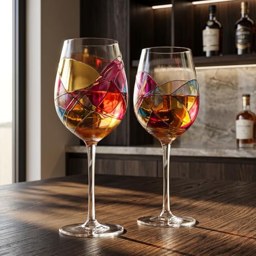 Artisanal Hand Painted Stemmed Wine Glasses - Everyday Celebrations, Gifts Idea for Wife, Mom, Valentine, Holiday Renaissance Romantic Stain-glassed Windows, 2 Set - Gift Idea Birthday, Housewarming - style: Stemmed Glasses Set