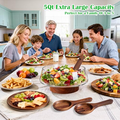 Extra Large Glass Salad Bowl with Lid Set, 5-Qt (160 fl oz) Mixing/Serving Bowl with Wood Base & Salad Servers, Trifle Bowl for Kitchen, Parties & Christmas