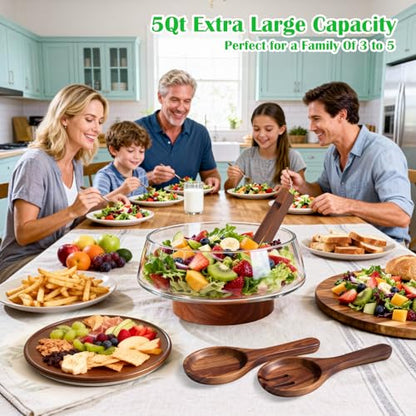 Extra Large Glass Salad Bowl with Lid Set, 5-Qt (160 fl oz) Mixing/Serving Bowl with Wood Base & Salad Servers, Trifle Bowl for Kitchen, Parties & Christmas