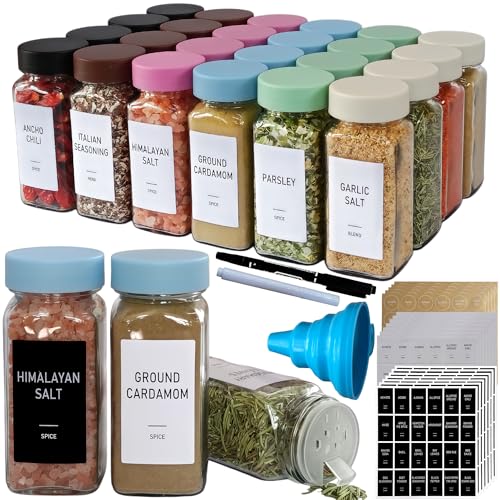 Spice Jars with Labels - 24 Glass Spice with Shaker Lids & Airtight Plastic Caps - 4oz Complete Seasoning Containers Organizer Set for Cabinet, Drawer & Rack (Skyblue) - color: Skyblue