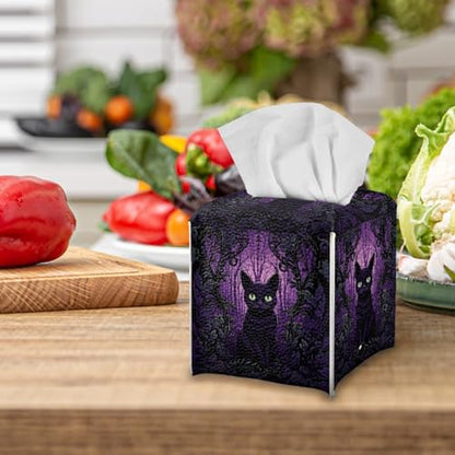Black Cat Tissue Case Cover Square,Halloween PU Leather Tissue Case Ghost Flower Tissues Cube Box Holder with Bottom Belt Dispenser for Bathroom,Vanity Countertop,Night Stands,Desk,Car - color: Black Cat Ghost Flower Halloween