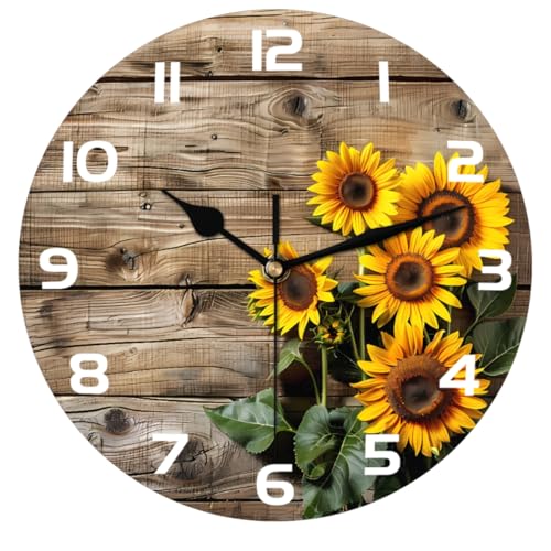 Retro Wooden Sunflower Wall Clock Battery Operated 10 in Round Wall Clocks Slilent Non Ticking Quartz Analog Clock for Bedroom Kids Living Room Classroom Decor - color: Retro Wooden Sunflower