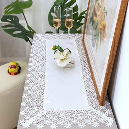 Lace Table Runner Waterproof Fabric Washable Off White 16x35inch | Elegant Decor AntiShrink Soft Wrinkle Resistant Decorative Fabric Dining Home Holiday Party Kitchen Outdoor Indoor Home Décor - color: Blossom-white, size: 16" x 35" (Rectangle)