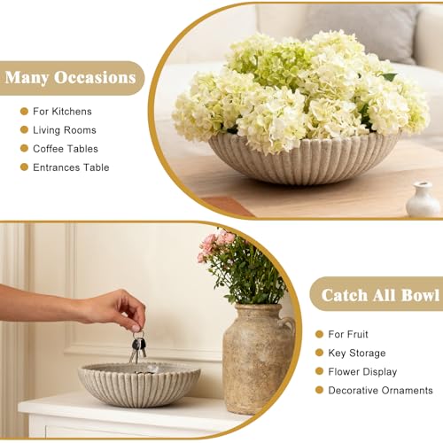 Large Resin Decorative Bowl 12 Inch, Fruit Bowl Sandstone Ruffle Key Bowl for Coffee Table Shallow Centerpiece Bowl Catch All Bowl for Kitchen Counter, Entryway, Living Room - size: 12 Inch