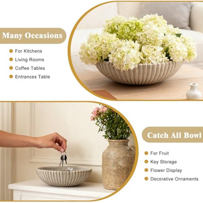 Large Resin Decorative Bowl 12 Inch, Fruit Bowl Sandstone Ruffle Key Bowl for Coffee Table Shallow Centerpiece Bowl Catch All Bowl for Kitchen Counter, Entryway, Living Room - size: 12 Inch