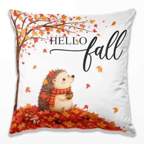 Farmhouse Fall Hedgehog Pillow Cover 18x18 | Rustic Fall Decor, Autumn Maple Leaves Wildlife Animal Decorative Throw Pillow Cover for Home Living Room Bedroom - color: 30color