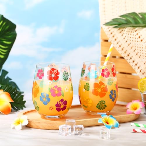 Sliner 2 Pack 17oz Summer Hawaiian Stemless Wine Glasses Aloha Stemless Wine Glass Luau Colorful Flowers Leaves Tumbler Cups for Hawaiian Tiki Party Supplies Birthday Gift - style: Hawaiian
