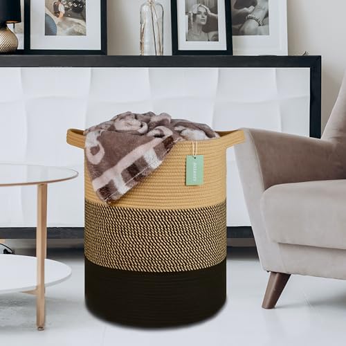 Cotton Rope Blanket Basket, 72L Tall Laundry Hamper, Brown & Black | 16"x 22", Large Collapsible Woven Nursery Hamper with Sturdy Handles for Clothes Toys Towels, Bedroom Living Room Bathroom - color: Brown & Black, size: 72L (16"x22")