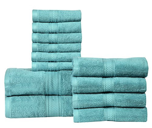 Hillfair 12-Piece Super Soft Cotton Bath Towels - 600 GSM - Hotel Spa Set: 2 Bath, 4 Hand, 6 Washcloths - Absorbent - Aqua - color: Sea Green, size: 12 Piece Towel Set