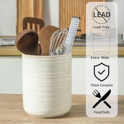 HASENSE Cooking Utensil Holder, 7.4"+5.5" Ceramic Kitchen Utensil Holder for Counter, Rustic Utensil Oganizer Crocks for Spatula, Ice Bucket Gift for Dad, Set of 2, Clay-Infused White - color: Clay-Infused White(2 pcs)