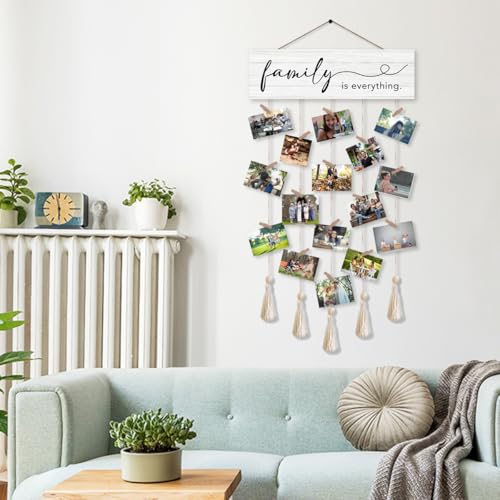 Family is Everything Photo Hanging Display Board with 16 Clips, Rustic Wood Picture Collage Frame with Tassels Farmhouse Wall Decor - color: Family Is Everything