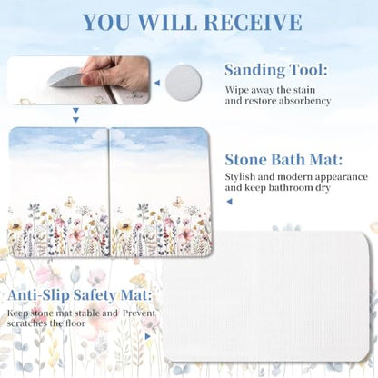 Stone Bath Mat Diatomaceous Earth Shower Mat, Non-Slip Bath Mat for Bathroom, Quick Drying Bathroom Rugs Natural Easy to Clean, 24"×16" (Sky) - color: Sky