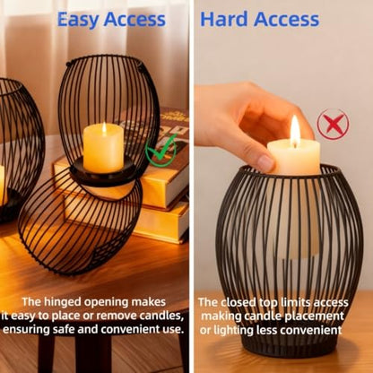 3-Piece Black Metal Lantern Candle Holder Set, Modern Lantern Decor for Home, Stylish Lanterns Decorative Indoor with Easy-Open Design and Heat-Resistant Trays