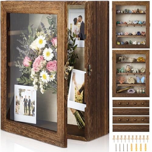 Gerrii Shadow Box Display Case 13 x 16 - Deep 5 Inch Large Wooden Picture Frame with Linen Back, Removable Shelves, Wooden Memory Case for Wedding Bouquets, Photos, Medals & Keepsakes, Brown - color: Brown, size: 13 x 16 Inches