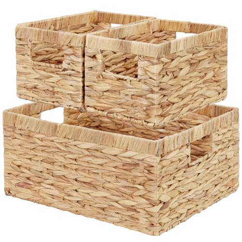 Wicker Basket, Set of 3 Hand-woven Storage Baskets for Organizing, Water Hyacinth Wicker Storage Basket Bins with Handles, Small Toilet Paper Storage Baskets for Shelves Pantry Baskets - color: A-Water Hyacinth