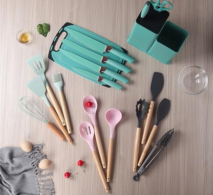 19 Pieces Kitchen Utensils and Knife Set with Block, Inldued 9 Pieces Silicone Cooking Utensils Set 5 Pieces Sharp Stainless Steel Chef Knives Scissors Whisk Tongs and Cutting Board (PINK) - color: Pink