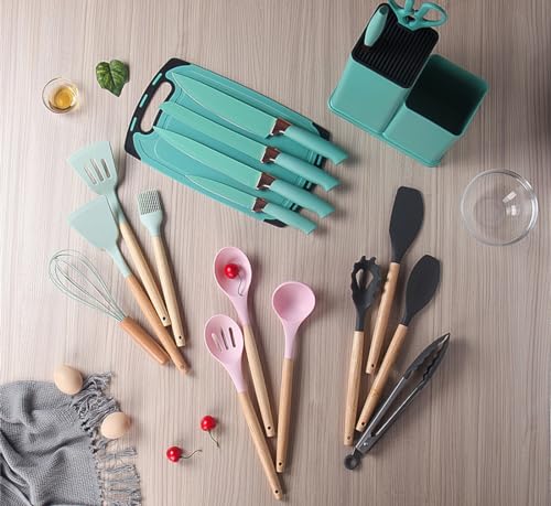 19 Pieces Kitchen Utensils and Knife Set with Block, Inldued 9 Pieces Silicone Cooking Utensils Set 5 Pieces Sharp Stainless Steel Chef Knives Scissors Whisk Tongs and Cutting Board (TEAL) - color: Teal