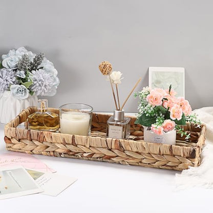 Hipiwe Wicker Toilet Tank Basket 16.9" Woven Bathroom Vanity Basket Tray | Rectangle Baskets Organizer for Long Back of Toilet, Water Hyacinth Decorative Countertop Tray for Paper Hand Towel - size: 16.9" x 6.3" x 2.4"