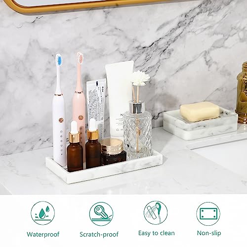 Emibele Bathroom Vanity Tray Countertop, 8" Rectangular Marble Resin Tray | Dresser Kitchen Sink Tray, for Jewelry Cosmetic Perfume Soap Candle, Compact Lightweight Waterproof, Mini Size, Marble White - color: Ink White, size: 7.7" x 3.9" x 0.8"