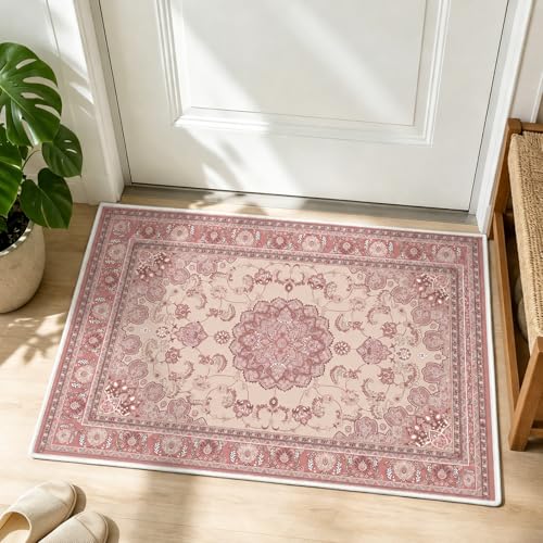 Vintage Boho Entryway Rug 2x3 Small Door Mat Indoor Entrance Machine Washable Area Rug Non-Slip Low Pile Throw Rugs for Entryway, Kitchen, Bedroom, Bathroom, Front Door Indoor Entrance, Entry Decor - color: Pink, size: 2' x 3' (Rectangular)