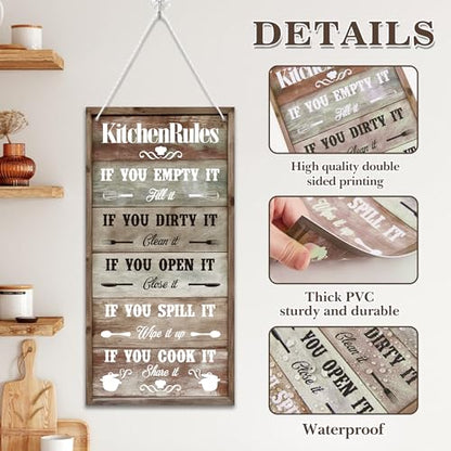 Kitchen Rules Decorative Sign | Rustic Farmhouse Style, Printed Wall Art, Kitchen Hanging Design, 13.7 x 7 inches - color: Kitchen Rules Sign