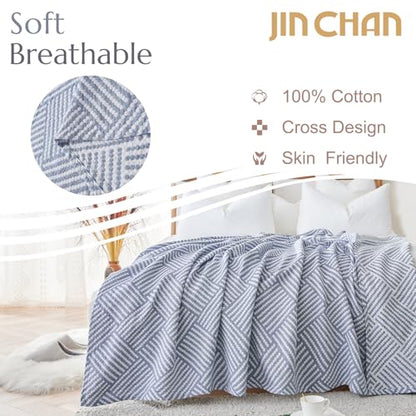 jinchan 100% Cotton Muslin Blanket Twin Boho Throw Blanket 60x80 Dusty Blue | 3-Layer, Dotted Diamond Quilt, Cooling Breathable Lightweight, for Adult, Soft, Reversible, Summer, Couch, Sofa, Bedroom - color: B. Square Blue, size: 60"x80"