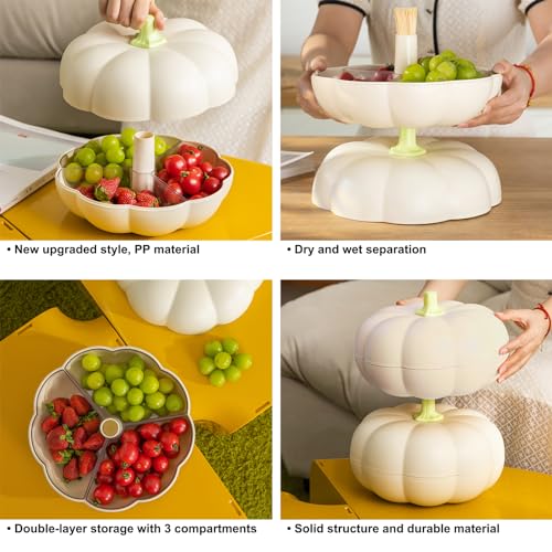 SKEPPY Divided Serving Tray with lid, Pumpkin snackle box container with 3 Compartments, Candy and Nut Serving Container for fruits, nuts, candies, and christmas snacks, White