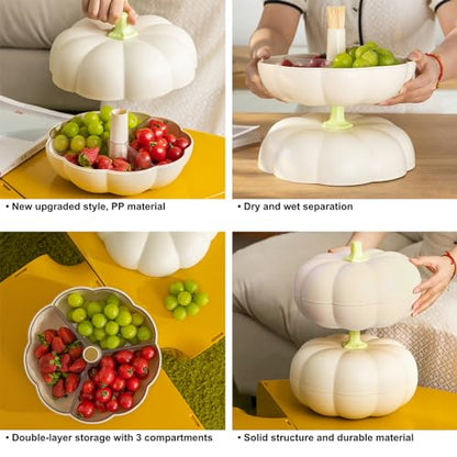 SKEPPY Divided Serving Tray with lid, Pumpkin snackle box container with 3 Compartments, Candy and Nut Serving Container for fruits, nuts, candies, and christmas snacks, White