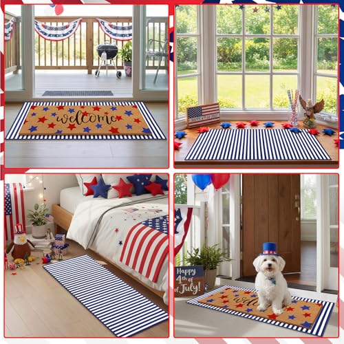 Tinideya 2 Pcs Long 4th of July Layered Outdoor Doormat 47"x17" 250th Anniversary Patriotic Star Coir Welcome Mat with Red White Blue Stripe Rug for Memorial Day Front Porch Entryway Home Decor - style: Stripe