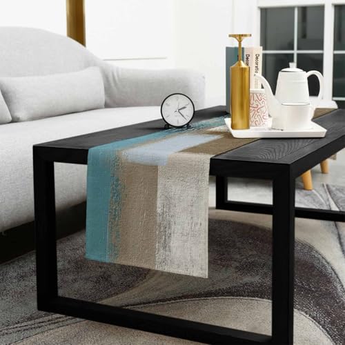 Aqua-Blue Brown Table Runner-Cotton Linen-13x120 Inch Holiday Dresser Scarves, Modern Abstract Beige Oil Painting Art Tablerunner for Kitchen Coffee/Dining Bedroom Home Living Room Dinner Scarf Décor - size: 13x120 Inches