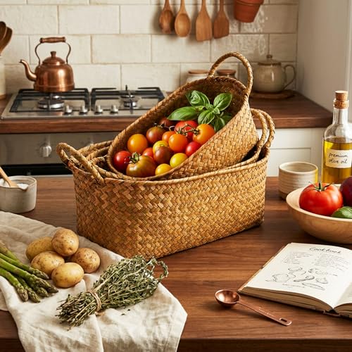 Elsjoy Set of 3 Woven Seagrass Baskets with Handles, Oval Wicker Woven Storage Baskets, Rattan Shelf Basket for Fruit, Bread, Kitchen