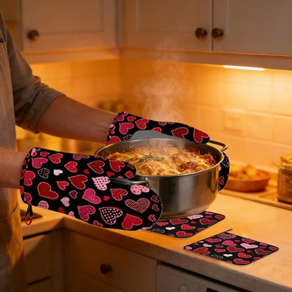 Red Hearts Pot Holders and Oven Mitts,Cute Oven Mitts Heat Resistant Cotton Lining Anti-Slip Silicone Kitchen Mitts Set Hot Pads for Microwaves Cooking Baking Grilling - color: Red Hearts