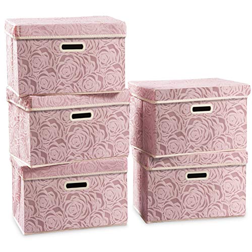 Collapsible Storage Boxes with Lids [5-Pack] Fabric Decorative Storage Bins Cubes Organizer Containers Baskets with Cover Handles Divider for Bedroom Closet Living Room Pink 14.9x9.8x9.8 Inch - color: Pink, size: Medium(5-Pack)
