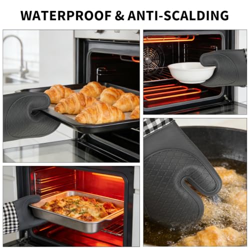 Tifanso 4PCS Heat Resistant Silicone Plaid Oven Mitts & Pot Holders, Grey | Non-Slip Grip Surface, Soft Cotton Lining, Ideal for Cooking Baking Grilling, Easy to Clean, Practical Kitchen Essential