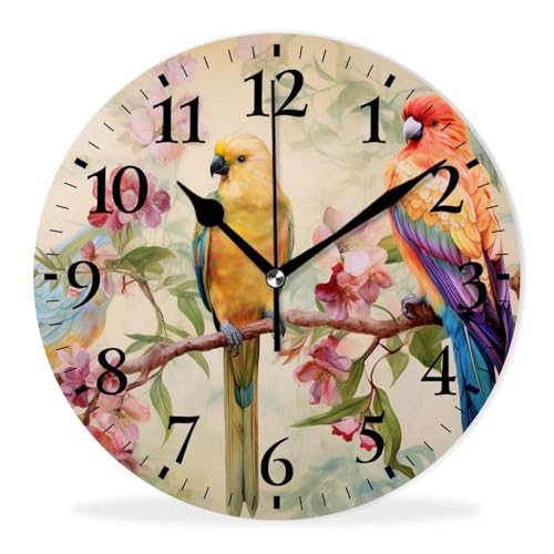Round Analog Wall Clocks Non-Ticking Silent Clock Battery Operated Clcoks Decorative for Living Room,Office,Bedroom-Bird with Colorful Flower(14inch) - color: Rose, size: 14inch