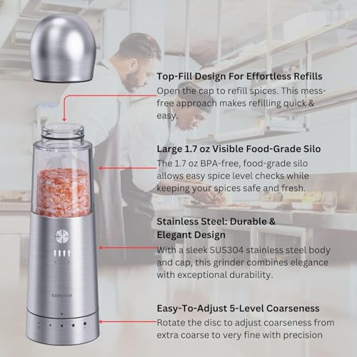 ICE ARMOR Electric Salt and Pepper Grinder, Set of 3 with Wireless Charging Base, Stainless Steel, Rechargeable Automatic Pepper Mill, Adjustable Coarseness, Easy to Use & Clean, Perfect Kitchen Gift