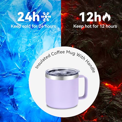 VEGOND 14 oz Insulated Coffee Mug Bulk with Handle, Stainless Steel Travel Coffee Mug with Lid, Double Wall Vacuum Metal Coffee Cup, Coffee Tumbler Powder Coated, Purple 4 Pack - color: Purple, size: 14 Ounces (4 Pack)