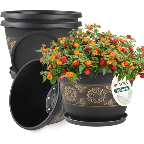 16 Inch Retro Plant Pots 4 Pack with Drainage and Saucers Gold | Large gold retro PP pots with drainage holes and saucers for houseplants patios porches gardens and entryways - color: Gold, size: 16 Inches-4 packs