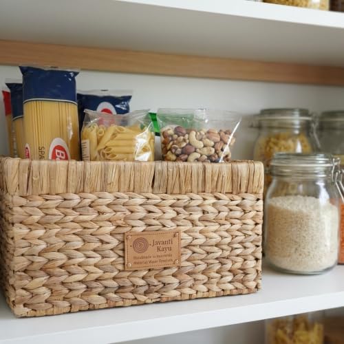 Handmade Water Hyacinth Wicker Storage Basket with Handles – Rectangle Organizer Bin for Shelves, Blanket, Bathroom, Closet – Stackable – Decorative & Durable (1, M: 14" x 10" x 8") - size: M: 14" x 10" x 8"