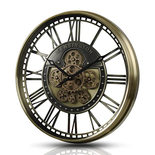 21" Metal Roman Numeral Wall Clock with Moving Gears, Gold | SIilent Non Ticking, Aluminum Dial, Unique Modern Wall Clocks for Living Room, Dinning Room, Entryway & Home Office - color: Roman Brass Gold, size: 21"