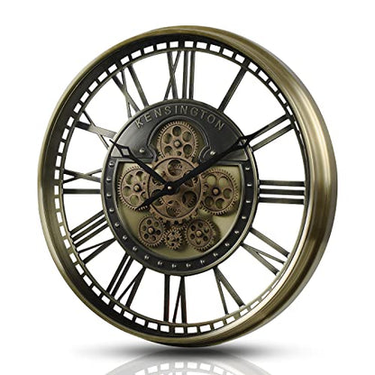 21" Metal Roman Numeral Wall Clock with Moving Gears, Gold | SIilent Non Ticking, Aluminum Dial, Unique Modern Wall Clocks for Living Room, Dinning Room, Entryway & Home Office - color: Roman Brass Gold, size: 21"