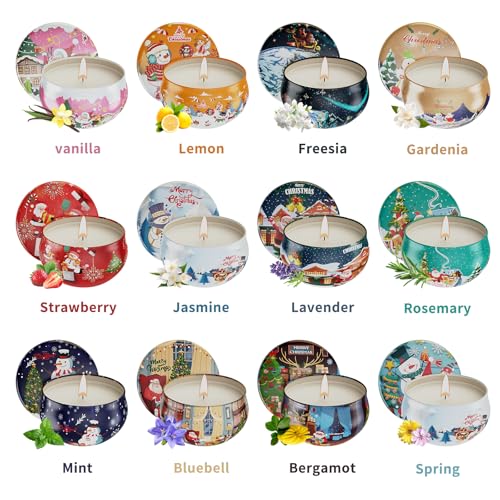 Christmas Candles Gifts for Women, 12 Bulk Scented Candles Set | Home Aromatherapy, Strongly Fragrance, Long Lasting, Portable Travel Tin for Spa Bath Yoga - color: SC04